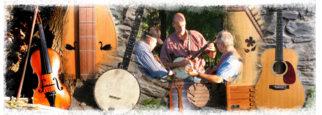 Wayfarers & Company playing fiddle, banjo, dulcimers, harp and guitar
